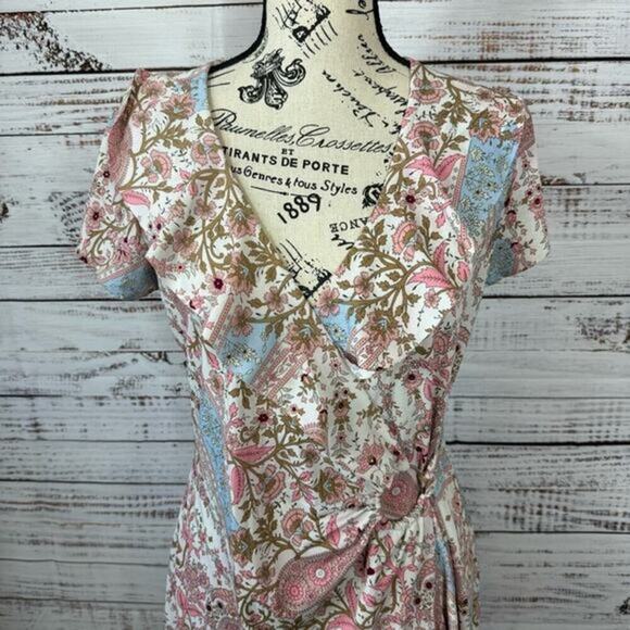 Jonathan Martin floral lace wrap style flowy size 8 cap sleeve midi Dress - Picture 2 of 9